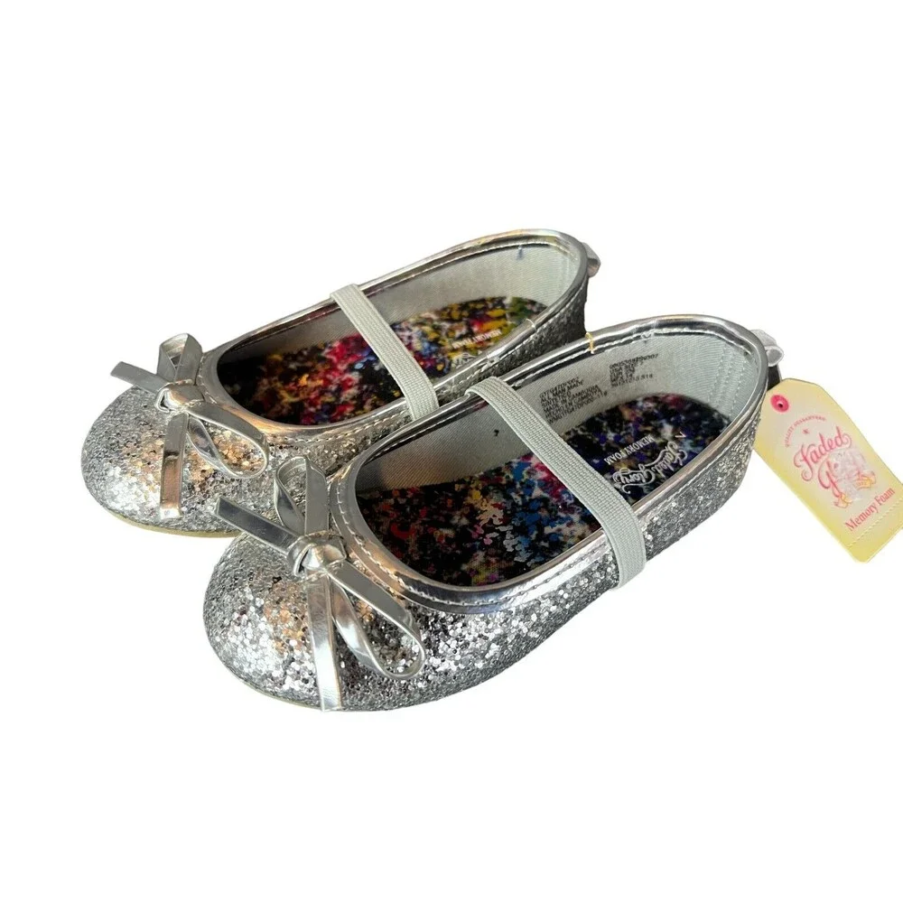 Faded Glory Silver Glitter Mary Jane Ballet Flats Shoes  Toddler Girls 7  NWT